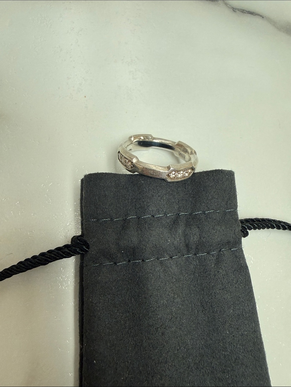 David Yurman Silver Tone Band Ring with Embedded Diamonds